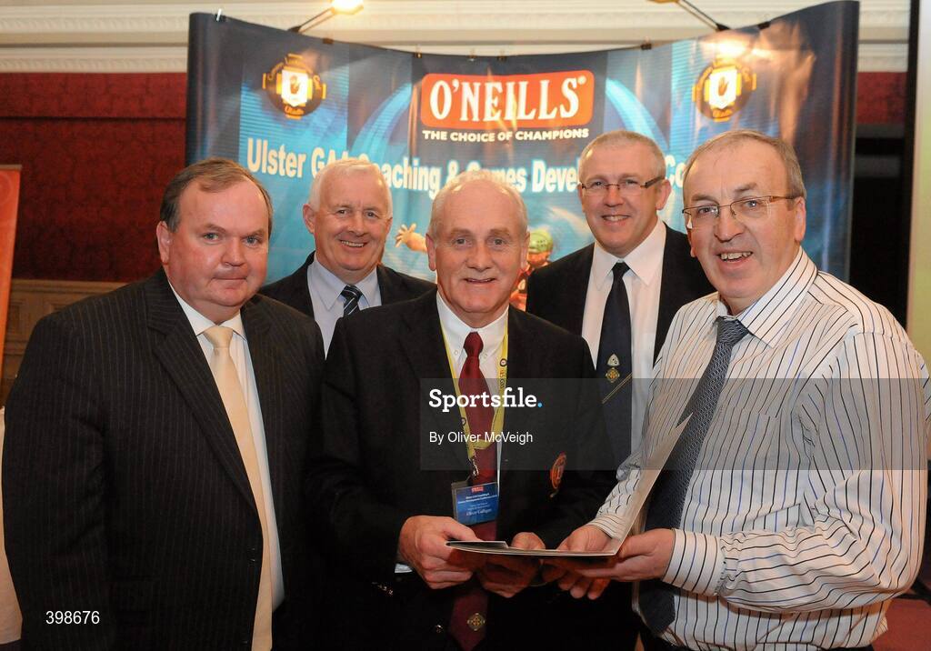 30 January 2010; Liam O’Neill, Chairman of the National Coaching and Games Development, Jimmy Smyth, Oliver Galligan, Chairman of the Ulster Coaching and Games Development Committee, Eugene Young, Director of Coaching and Games Development, and Paudi Butler, GAA National Hurling Director, during the 6th annual O'Neills Ulster GAA Coaching & Games Development Conference 2010. The Conference targets coaches who are working with youth players from 13-18 years. The conference consolidates the coach education work that is ongoing within the County programmes and the Provincial Coach Development Programme. Ulster coaches are constantly refocusing and challenging their coaching practices and the speakers this year will again challenge the coaches to raise the bar. O'Neills Ulster GAA Coaching & Games Development Conference 2010,  Glenavon Hotel, Cookstown, Co. Tyrone. Picture credit: Oliver McVeigh / SPORTSFILE