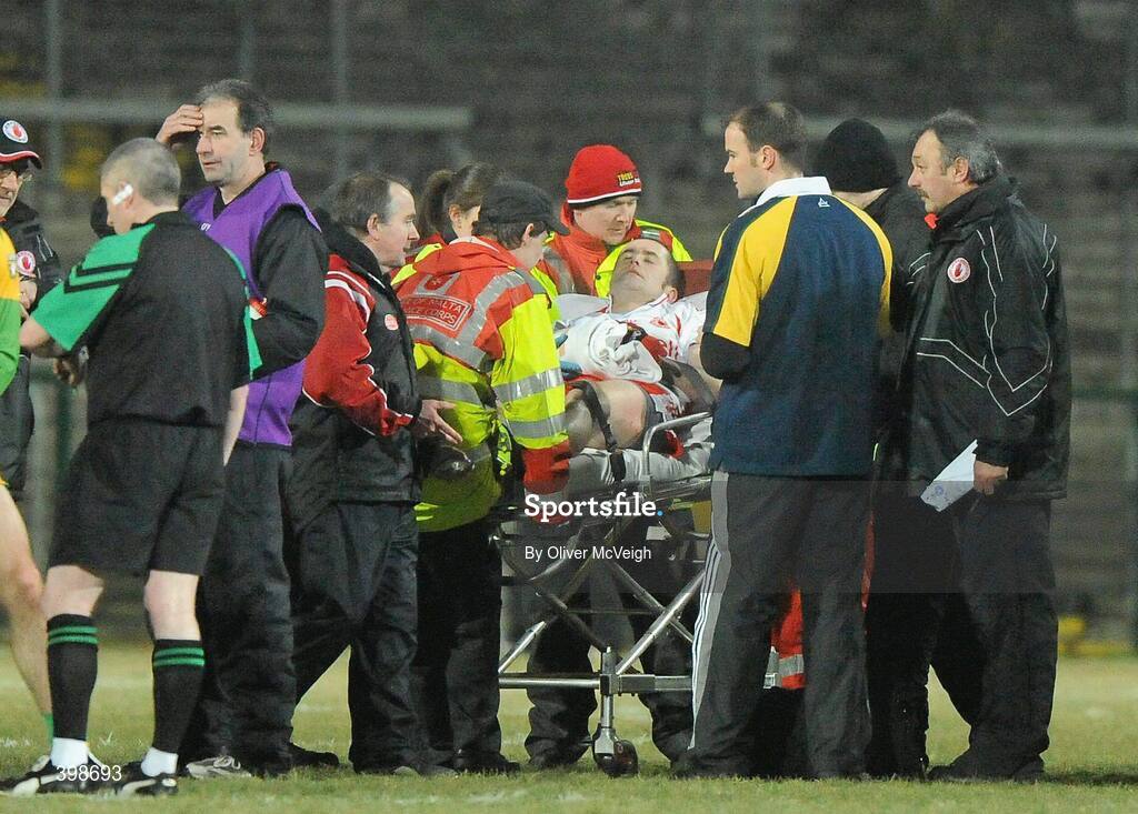 30 January 2010; Stephen O'Neill, Tyrone, leaves the field to be taken away in an Ambulance with a suspected broken elbow. Barrett Sports Lighting Dr. McKenna Cup Final, Donegal v Tyrone, Brewster Park, Enniskillen, Co. Fermanagh. Picture credit: Oliver McVeigh / SPORTSFILE