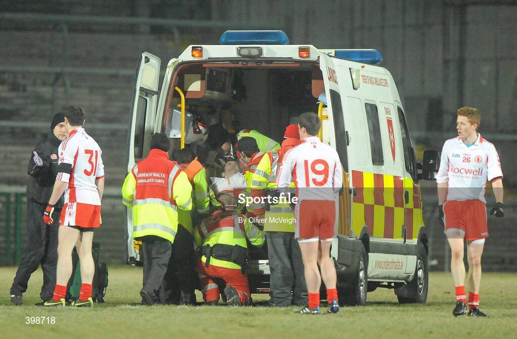 30 January 2010; Stephen O'Neill, Tyrone, leaves the field to be taken away in an ambulance with a suspected broken elbow. Barrett Sports Lighting Dr. McKenna Cup Final, Donegal v Tyrone, Brewster Park, Enniskillen, Co. Fermanagh. Picture credit: Oliver McVeigh / SPORTSFILE