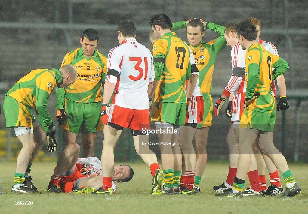 30 January 2010; Stephen O'Neill, Tyrone, lies on the ground after obtaining a suspected broken elbow. Barrett Sports Lighting Dr. McKenna Cup Final, Donegal v Tyrone, Brewster Park, Enniskillen, Co. Fermanagh. Picture credit: Oliver McVeigh / SPORTSFILE