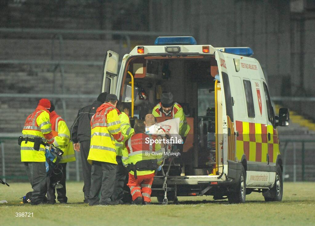 30 January 2010; Stephen O'Neill, Tyrone, leaves the field to be taken away in an ambulance with a suspected broken elbow. Barrett Sports Lighting Dr. McKenna Cup Final, Donegal v Tyrone, Brewster Park, Enniskillen, Co. Fermanagh. Picture credit: Oliver McVeigh / SPORTSFILE