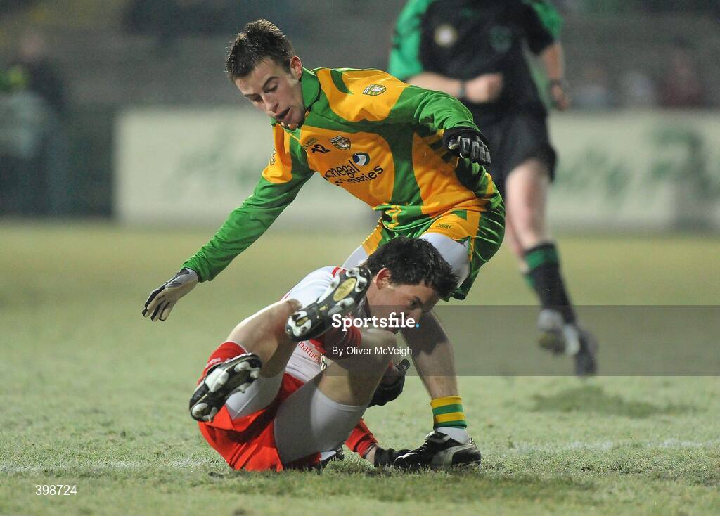 30 January 2010; Matthew Donnelly, Tyrone, in action Eoin Wade, Donegal. Barrett Sports Lighting Dr. McKenna Cup Final, Donegal v Tyrone, Brewster Park, Enniskillen, Co. Fermanagh. Picture credit: Oliver McVeigh / SPORTSFILE
