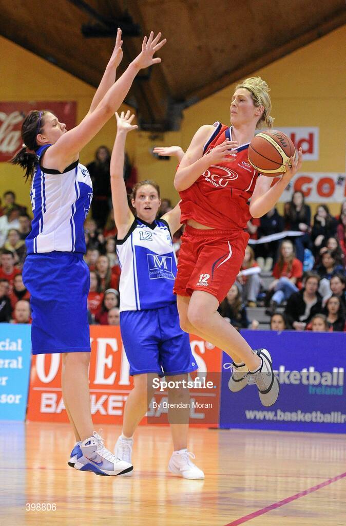 31 January 2010; Lisa Palmer, DCU Mercy, in action against Marie Breen, left, and Amanda O'Regan, Team Montenotte Hotel Cork. Women's Superleague National Cup Final 2010, Team Montenotte Hotel Cork v DCU Mercy, National Basketball Arena, Tallaght, Dublin. Picture credit: Brendan Moran / SPORTSFILE