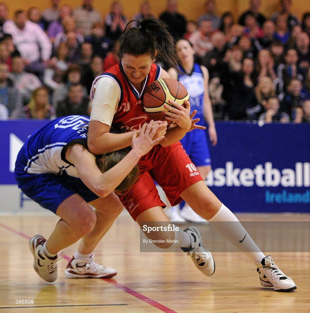 31 January 2010; Shauna O'Connor, DCU Mercy, retains possession ahead of Claire Rockall, Team Montenotte Hotel Cork. Women's Superleague National Cup Final 2010, Team Montenotte Hotel Cork v DCU Mercy, National Basketball Arena, Tallaght, Dublin. Picture credit: Brendan Moran / SPORTSFILE