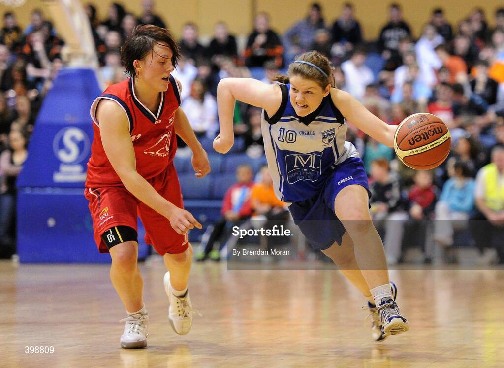 31 January 2010; Emily O'Callaghan, Team Montenotte Hotel Cork, in action against Lindsay Peat, DCU Mercy. Women's Superleague National Cup Final 2010, Team Montenotte Hotel Cork v DCU Mercy, National Basketball Arena, Tallaght, Dublin. Picture credit: Brendan Moran / SPORTSFILE