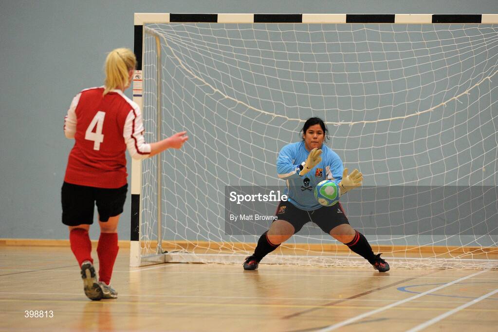 30 January 2010; Megan Morris, UCC, saves the decisive last penalty from Patricia Cleary, Carlow IT. WSCAI National Futsal Cup Semi-Final 2, UCC v Carlow IT, Kingfishers Sports Centre, NUIG, University Road, Galway. Picture credit: Matt Browne / SPORTSFILE
