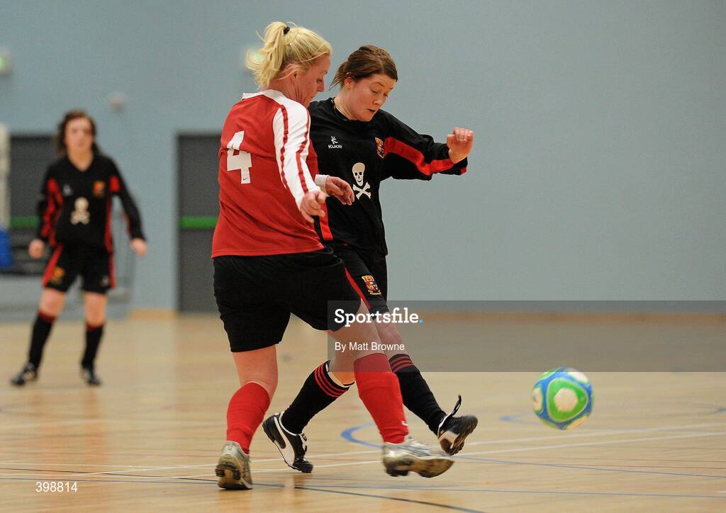 30 January 2010; Eimear Knightly, UCC, in action against Patricia Cleary, Carlow IT. WSCAI National Futsal Cup Semi-Final 2, UCC v Carlow IT, Kingfishers Sports Centre, NUIG, University Road, Galway. Picture credit: Matt Browne / SPORTSFILE
