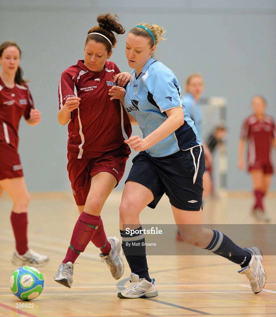 30 January 2010; Kelly Fisher, NUIG, in action against Louise Quinn, UCD. WSCAI National Futsal Cup Semi-Final 1, UCD v NUIG, Kingfishers Sports Centre, NUIG, University Road, Galway. Picture credit: Matt Browne / SPORTSFILE