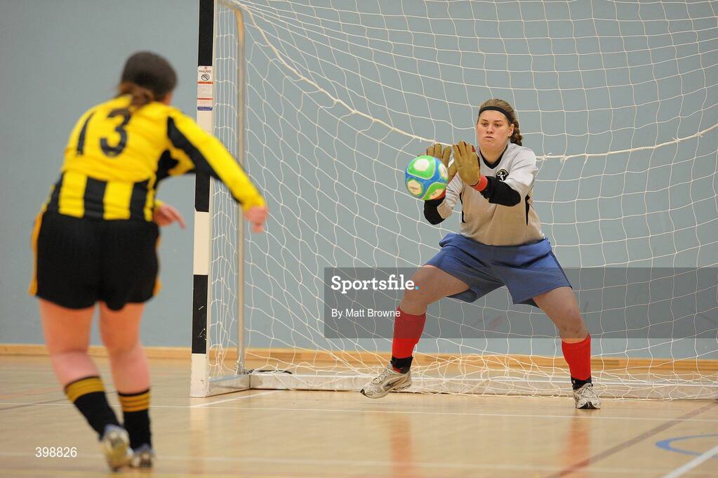30 January 2010; Trinity goalkeeper Cheryl Kemsleyr makes the first of her two penalty saves against NUI Maynooth. WSCAI National Futsal Plate Final, Trinity v NUIM, Kingfishers Sports Centre, NUIG, University Road, Galway. Picture credit: Matt Browne / SPORTSFILE