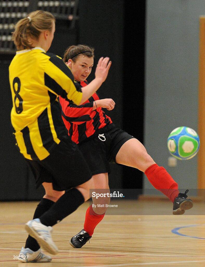 30 January 2010; Josephine Amelia Shister, Trinity, in action against Megan Brickley, NUI Maynooth. WSCAI National Futsal Plate Final, Trinity v NUIM, Kingfishers Sports Centre, NUIG, University Road, Galway. Picture credit: Matt Browne / SPORTSFILE