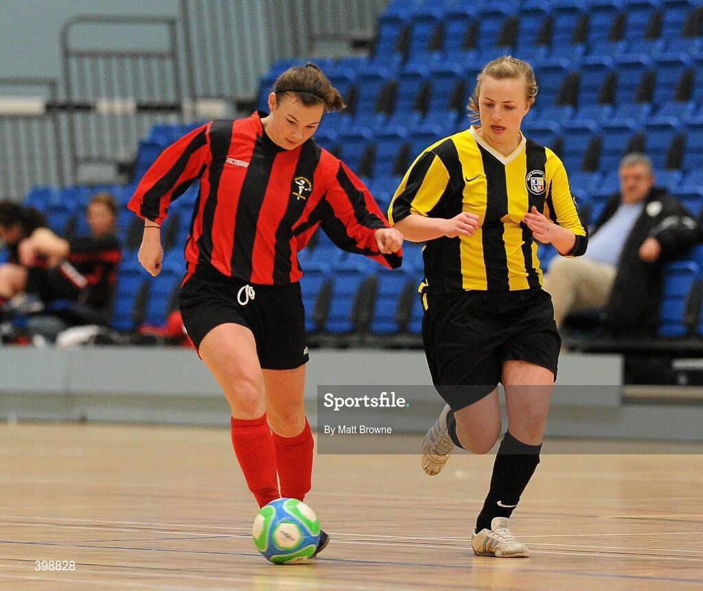 30 January 2010; Josephine Amelia Shister, Trinity, in action against Megan Brickley, NUI Maynooth. WSCAI National Futsal Plate Final, Trinity v NUIM, Kingfishers Sports Centre, NUIG, University Road, Galway. Picture credit: Matt Browne / SPORTSFILE