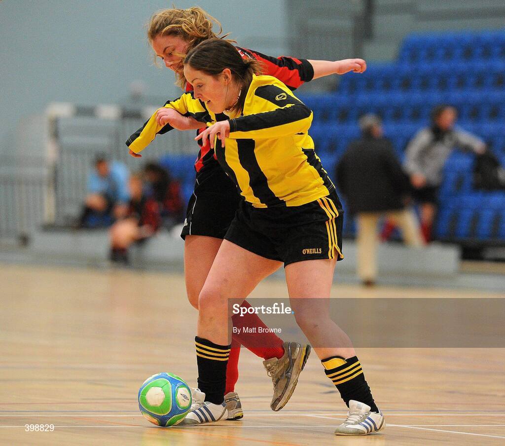 30 January 2010; Maeve Duggan, Trinity, in action against Saileog O'Keefe, NUI Maynooth. WSCAI National Futsal Plate Final, Trinity v NUIM, Kingfishers Sports Centre, NUIG, University Road, Galway. Picture credit: Matt Browne / SPORTSFILE