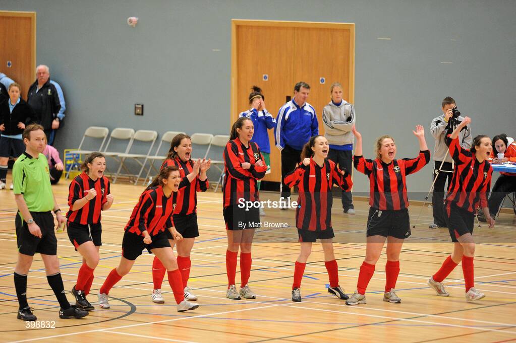 30 January 2010; Trinity players celebrate their semi-final win against CCFE after Josephine Amelia Shister scored the winning penalty. WSCAI National Futsal Plate Semi-Final 2, Trinity v CCFE, Kingfishers Sports Centre, NUIG, University Road, Galway. Picture credit: Matt Browne / SPORTSFILE