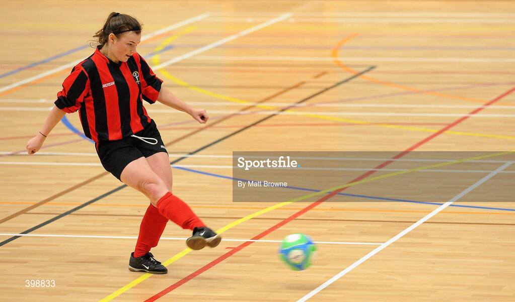 30 January 2010; Josephine Amelia Shister, Trinity, scores the winning penalty in the semi-final against CCFE. WSCAI National Futsal Plate Semi-Final 2, Trinity v CCFE, Kingfishers Sports Centre, NUIG, University Road, Galway. Picture credit: Matt Browne / SPORTSFILE