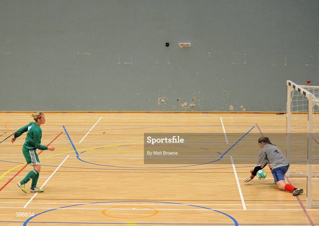 30 January 2010; Cheryl Kemsley, Trinity, saves a penalty from Stacey Paul, CCFE. WSCAI National Futsal Plate Semi-Final 2, Trinity v CCFE, Kingfishers Sports Centre, NUIG, University Road, Galway. Picture credit: Matt Browne / SPORTSFILE