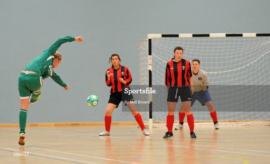 30 January 2010; Stacey Paul, CCFE, has a shot on goal during the game. WSCAI National Futsal Plate Semi-Final 2, Trinity v CCFE, Kingfishers Sports Centre, NUIG, University Road, Galway. Picture credit: Matt Browne / SPORTSFILE
