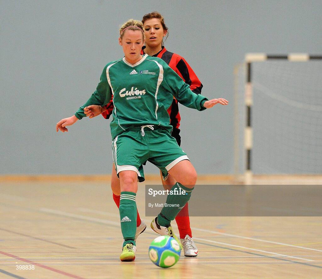 30 January 2010; Stacey Paul, CCFE, in action against Megan Capper, Trinity. WSCAI National Futsal Plate Semi-Final 2, Trinity v CCFE, Kingfishers Sports Centre, NUIG, University Road, Galway. Picture credit: Matt Browne / SPORTSFILE