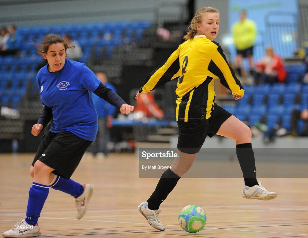 30 January 2010; Megan Brickley, NUI Maynooth, in action against Hazel McCarrerty, IT Sligo. WSCAI National Futsal Plate Semi-Final 1, IT Sligo v NUI Maynooth, Kingfishers Sports Centre, NUIG, University Road, Galway. Picture credit: Matt Browne / SPORTSFILE