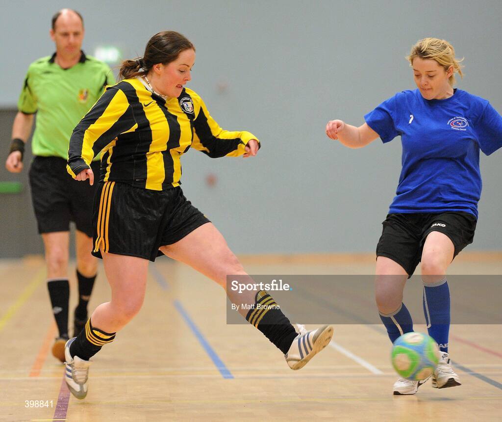 30 January 2010; Gemma McDonagh, IT Sligo, in action against Saileog O'Keefe, NUI Maynooth. WSCAI National Futsal Plate Semi-Final 1, IT Sligo v NUI Maynooth, Kingfishers Sports Centre, NUIG, University Road, Galway. Picture credit: Matt Browne / SPORTSFILE