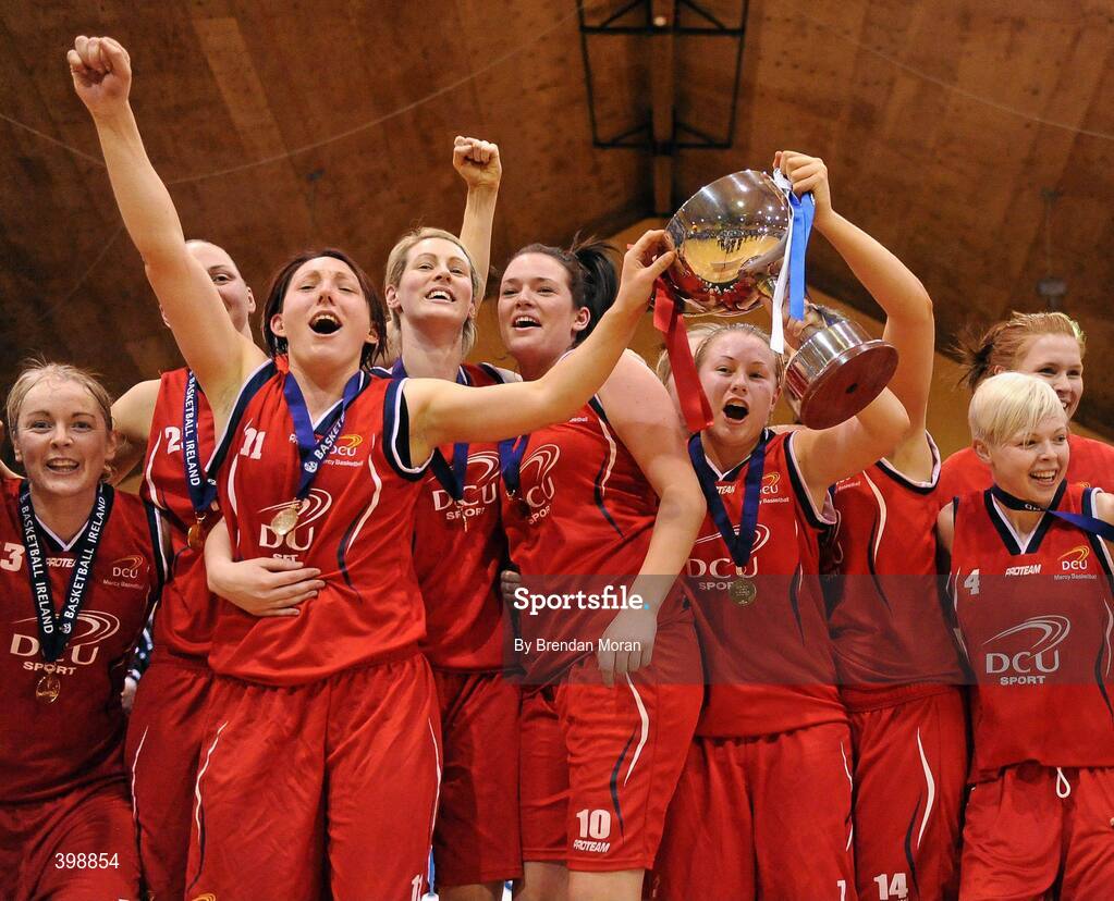 31 January 2010; The DCU Mercy team celebrate with the cup after the game. Women's Superleague National Cup Final 2010, Team Montenotte Hotel Cork v DCU Mercy, National Basketball Arena, Tallaght, Dublin. Picture credit: Brendan Moran / SPORTSFILE