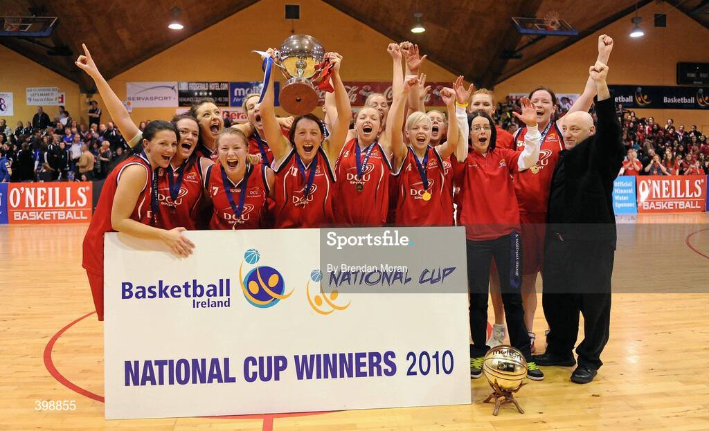 31 January 2010; The DCU Mercy team celebrate with the cup after the game. Women's Superleague National Cup Final 2010, Team Montenotte Hotel Cork v DCU Mercy, National Basketball Arena, Tallaght, Dublin. Picture credit: Brendan Moran / SPORTSFILE