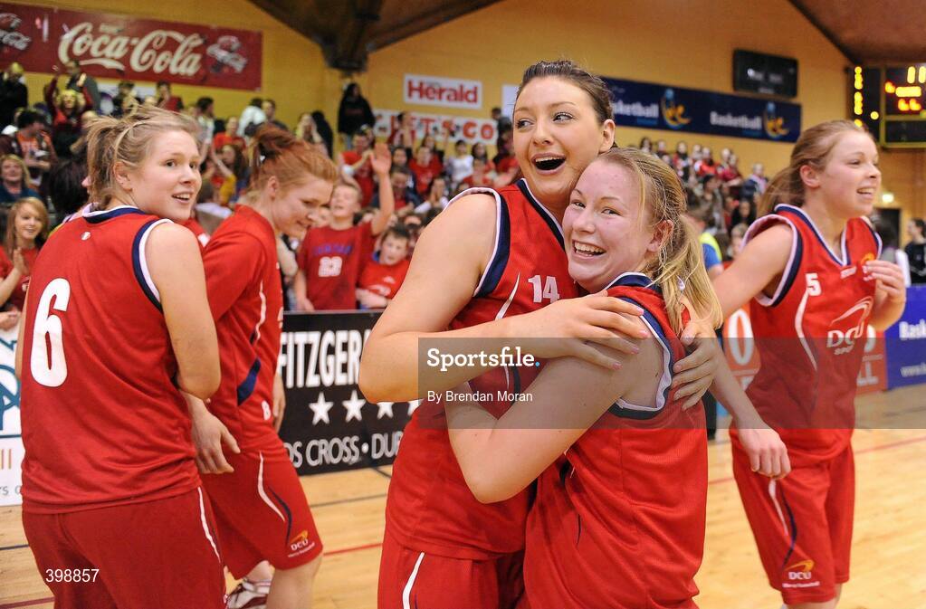 31 January 2010; DCU Mercy players Christina Newton and Sarah McGrath celebrate after the game. Women's Superleague National Cup Final 2010, Team Montenotte Hotel Cork v DCU Mercy, National Basketball Arena, Tallaght, Dublin. Picture credit: Brendan Moran / SPORTSFILE