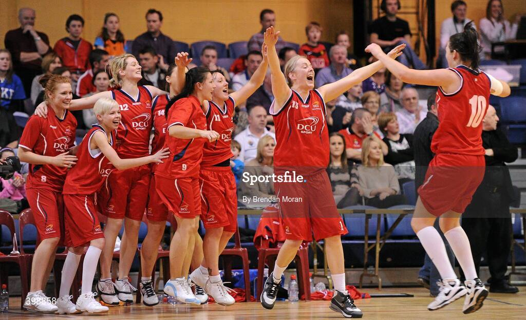 31 January 2010; DCU Mercy players including Suzanne Maguire, 13, and Shauna O'Connor, 10, celebrate at the final buzzer. Women's Superleague National Cup Final 2010, Team Montenotte Hotel Cork v DCU Mercy, National Basketball Arena, Tallaght, Dublin. Picture credit: Brendan Moran / SPORTSFILE