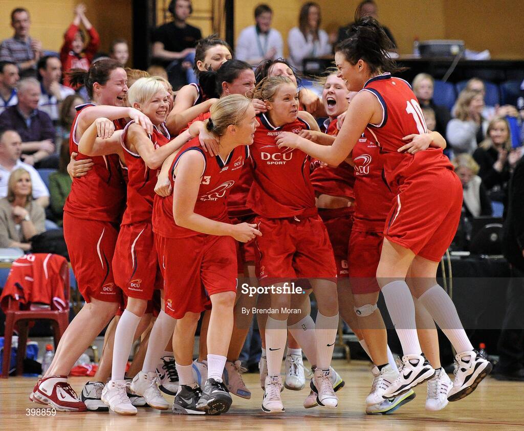 31 January 2010; DCU Mercy players celebrate at the final buzzer. Women's Superleague National Cup Final 2010, Team Montenotte Hotel Cork v DCU Mercy, National Basketball Arena, Tallaght, Dublin. Picture credit: Brendan Moran / SPORTSFILE