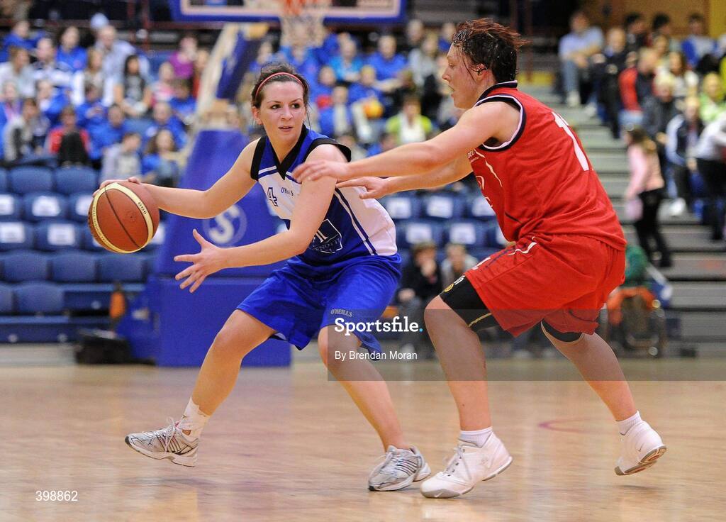 31 January 2010; Aine McKenna, Team Montenotte Hotel Cork, in action against Lindsay Peat, DCU Mercy. Women's Superleague National Cup Final 2010, Team Montenotte Hotel Cork v DCU Mercy, National Basketball Arena, Tallaght, Dublin. Picture credit: Brendan Moran / SPORTSFILE