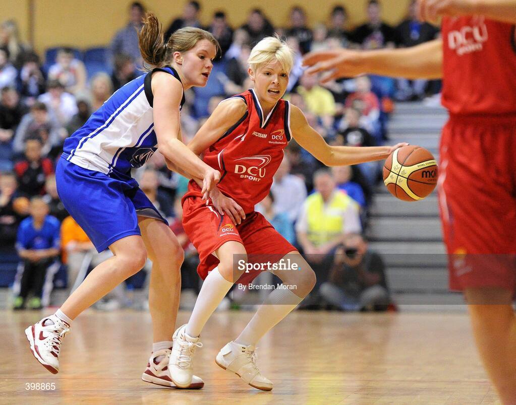 31 January 2010; Becky Woods, DCU Mercy, in action against Claire Rockall, Team Montenotte Hotel Cork. Women's Superleague National Cup Final 2010, Team Montenotte Hotel Cork v DCU Mercy, National Basketball Arena, Tallaght, Dublin. Picture credit: Brendan Moran / SPORTSFILE