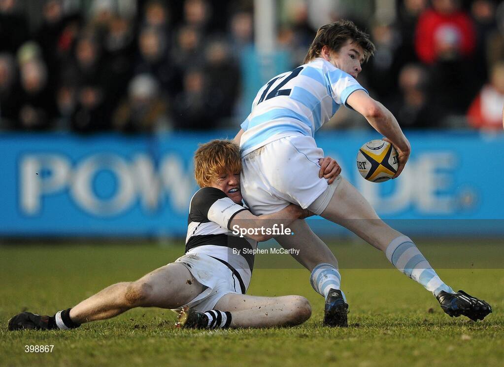 31 January 2010; Conor McEllin, Blackrock College, is tackled by Neil O'Flynn, Belvedere College. Leinster Schools Senior Cup First Round, Belvedere College v Blackrock College, Donnybrook Stadium, Donnybrook, Dublin. Picture credit: Stephen McCarthy / SPORTSFILE