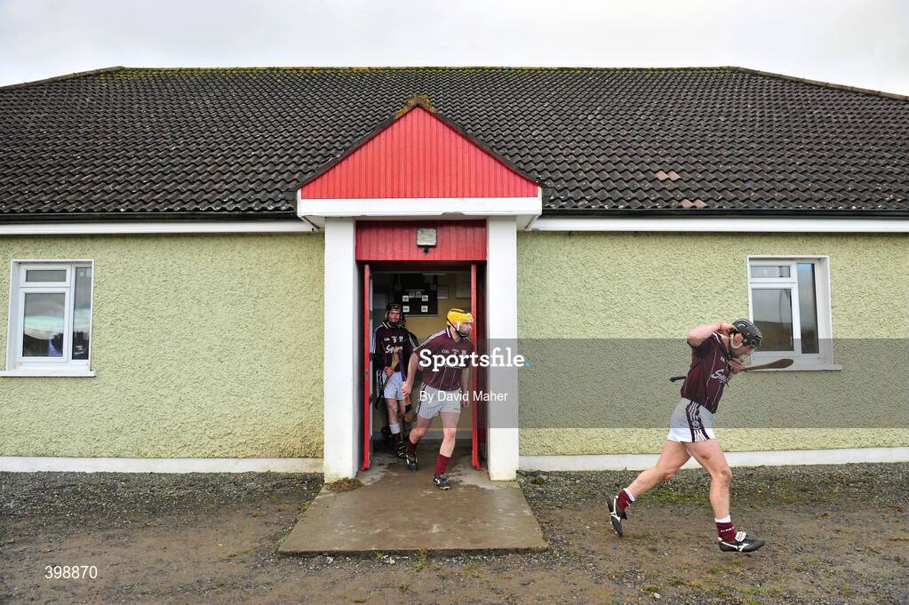 31 January 2010; Galway players Damien Joyce, right and Ger Farragher, run out from the dressing rooms for the start for the second half. Walsh Cup Quarter-Final, Laois v Galway, Kelly Daly Park, Rathdowney, Co. Laois. Picture credit: David Maher / SPORTSFILE