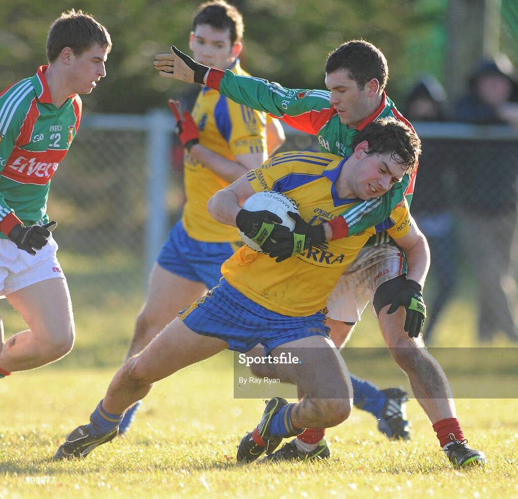 31 January 2010; Stephen Ormsby, Roscommon, in action against Mark Ronaldson, Mayo. Connacht FBD League, Section A, Round 3, Roscommon v Mayo, Ballinlough GAA Grounds, Ballinclough, Co. Roscommon. Picture credit: Ray Ryan / SPORTSFILE