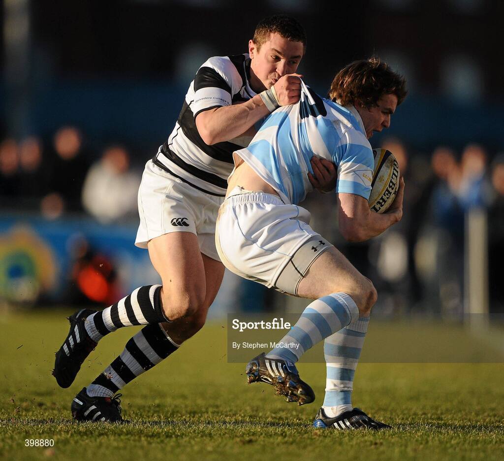31 January 2010; Caolann Fitzpatrick, Blackrock College, is tackled by Cian Kennedy, Belvedere College. Leinster Schools Senior Cup First Round, Belvedere College v Blackrock College, Donnybrook Stadium, Donnybrook, Dublin. Picture credit: Stephen McCarthy / SPORTSFILE