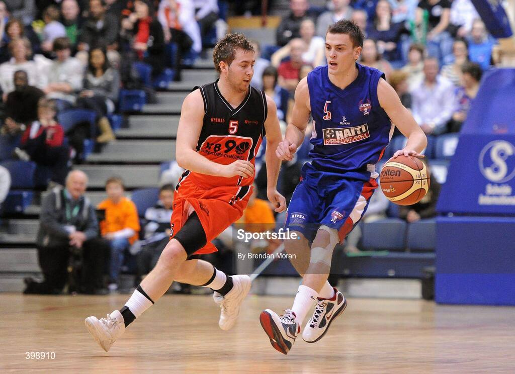 31 January 2010; Kyle Hosford, UCC Demons, in action against Robbie Clarke, Killester. Men's Superleague National Cup Final 2010, Killester v UCC Demons, National Basketball Arena, Tallaght, Dublin. Picture credit: Brendan Moran / SPORTSFILE