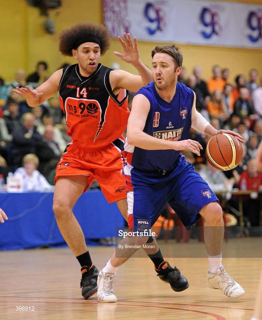 31 January 2010; Shane Coughlan, UCC Demons, in action against Michael Westbrooks, Killester. Men's Superleague National Cup Final 2010, Killester v UCC Demons, National Basketball Arena, Tallaght, Dublin. Picture credit: Brendan Moran / SPORTSFILE