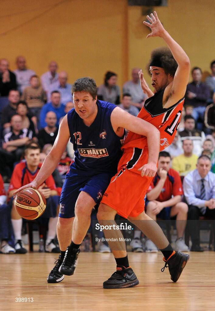31 January 2010; Niall O'Reilly, UCC Demons, in action against Michael Westbrooks, Killester. Men's Superleague National Cup Final 2010, Killester v UCC Demons, National Basketball Arena, Tallaght, Dublin. Picture credit: Brendan Moran / SPORTSFILE