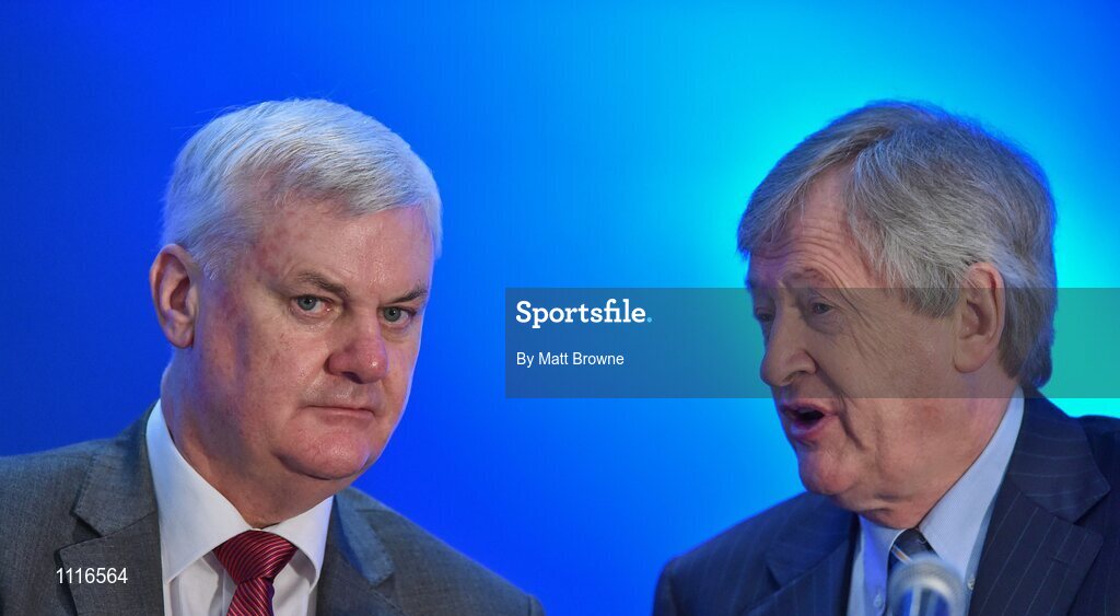 27 February 2016; Uachtarán Chumann Lúthchleas Gael Aogán Ó Fearghail, left, with Ard Stiúrthóir Chumann Lúthchleas Gael Páraic Ó Dufaigh during the GAA Annual Congress. Mount Wolseley Hotel Spa & Golf Resort, Tullow, Carlow. Picture credit: Matt Browne / SPORTSFILE