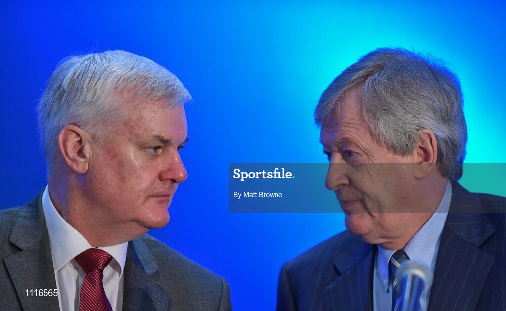 27 February 2016; Uachtarán Chumann Lúthchleas Gael Aogán Ó Fearghail, left, with Ard Stiúrthóir Chumann Lúthchleas Gael Páraic Ó Dufaigh during the GAA Annual Congress. Mount Wolseley Hotel Spa & Golf Resort, Tullow, Carlow. Picture credit: Matt Browne / SPORTSFILE