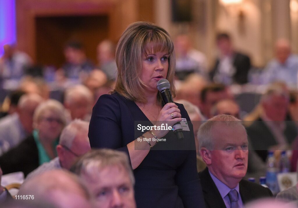 27 February 2016; Tracey Kennedy, Cork County Board, addresses the floor during the GAA Annual Congress. Mount Wolseley Hotel Spa & Golf Resort, Tullow, Carlow. Picture credit: Matt Browne / SPORTSFILE