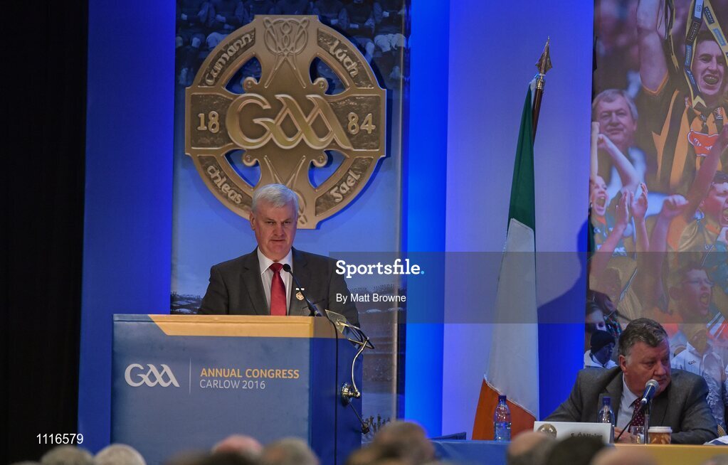 27 February 2016; Uachtarán Chumann Lúthchleas Gael Aogán Ó Fearghail, address Congress during the GAA Annual Congress. Mount Wolseley Hotel Spa & Golf Resort, Tullow, Carlow. Picture credit: Matt Browne / SPORTSFILE