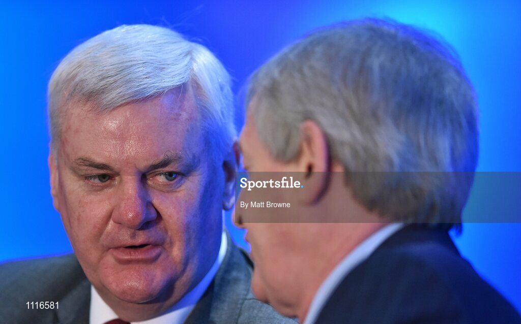 27 February 2016; Uachtarán Chumann Lúthchleas Gael Aogán Ó Fearghail with Ard Stiúrthóir Chumann Lúthchleas Gael Páraic Ó Dufaigh during the GAA Annual Congress. Mount Wolseley Hotel Spa & Golf Resort, Tullow, Carlow. Picture credit: Matt Browne / SPORTSFILE
