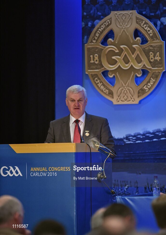 27 February 2016; Uachtarán Chumann Lúthchleas Gael Aogán Ó Fearghail, address Congress during the GAA Annual Congress. Mount Wolseley Hotel Spa & Golf Resort, Tullow, Carlow. Picture credit: Matt Browne / SPORTSFILE
