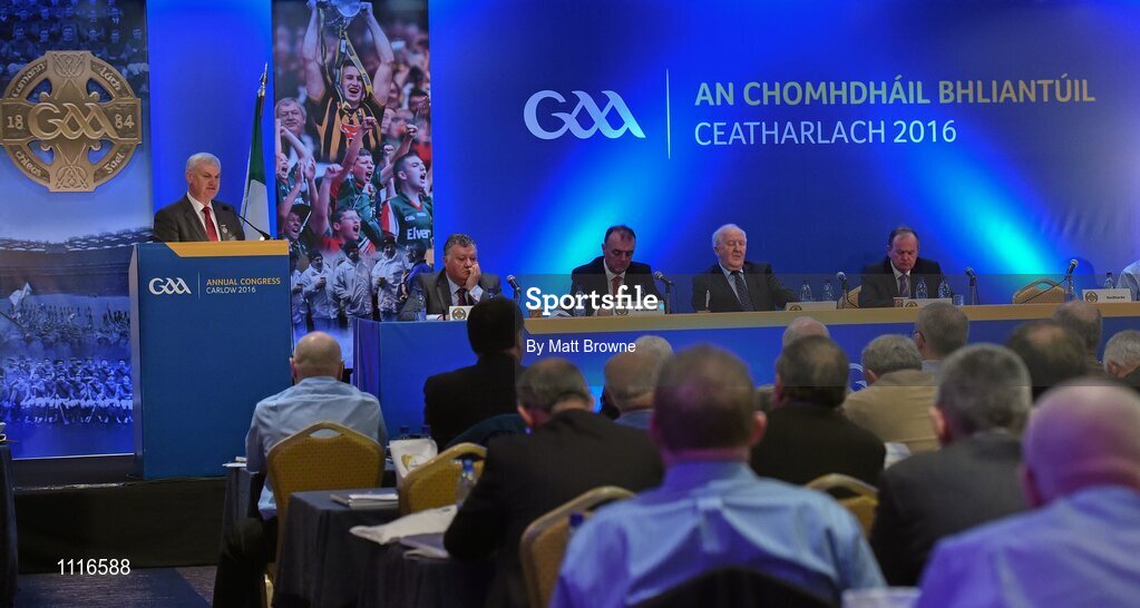 27 February 2016; Uachtarán Chumann Lúthchleas Gael Aogán Ó Fearghail, address Congress during the GAA Annual Congress. Mount Wolseley Hotel Spa & Golf Resort, Tullow, Carlow. Picture credit: Matt Browne / SPORTSFILE