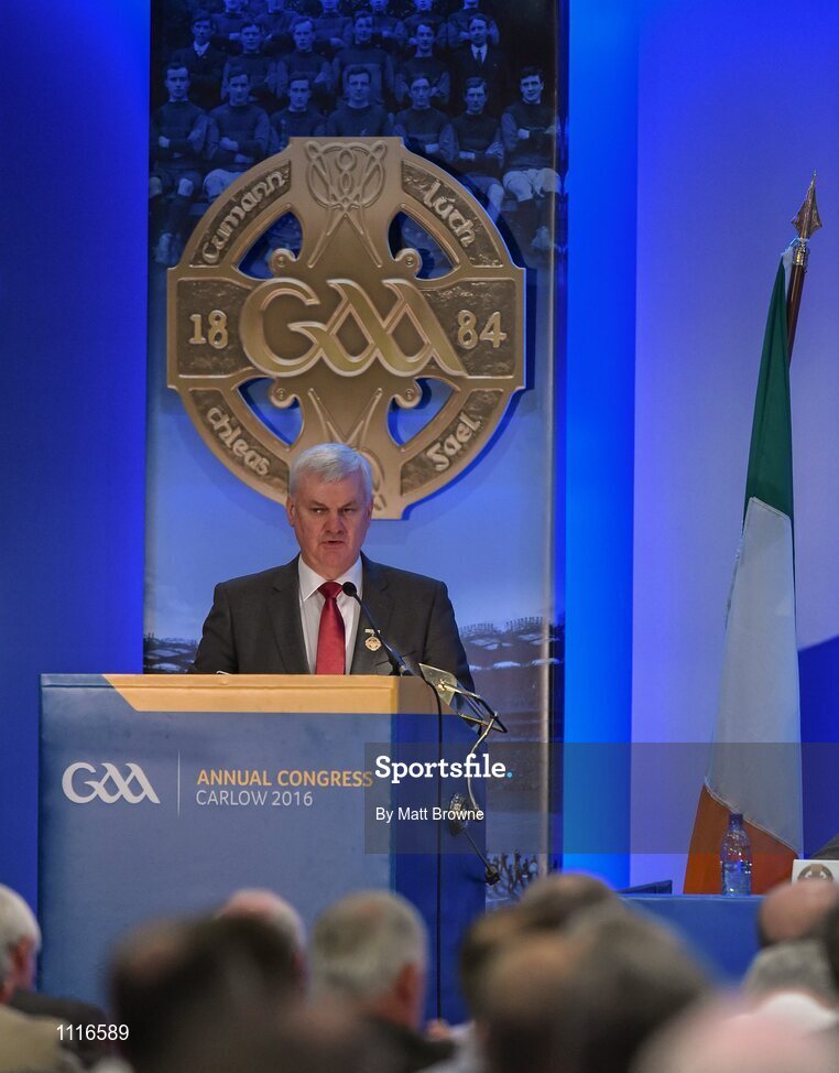 27 February 2016; Uachtarán Chumann Lúthchleas Gael Aogán Ó Fearghail, address Congress during the GAA Annual Congress. Mount Wolseley Hotel Spa & Golf Resort, Tullow, Carlow. Picture credit: Matt Browne / SPORTSFILE