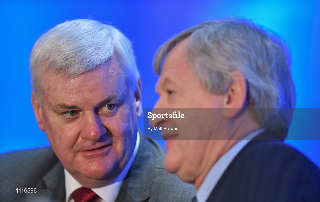27 February 2016; Uachtarán Chumann Lúthchleas Gael Aogán Ó Fearghail with Ard Stiúrthóir Chumann Lúthchleas Gael Páraic Ó Dufaigh during the GAA Annual Congress. Mount Wolseley Hotel Spa & Golf Resort, Tullow, Carlow. Picture credit: Matt Browne / SPORTSFILE