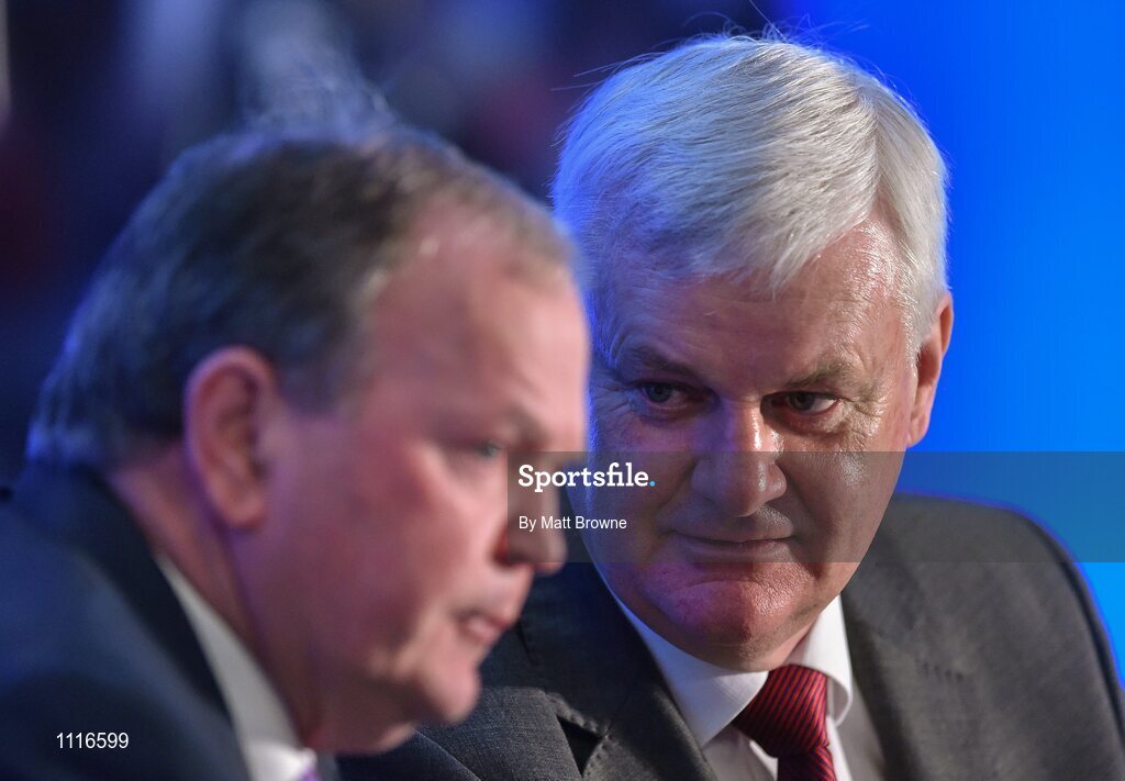 27 February 2016; Uachtarán Chumann Lúthchleas Gael Aogán Ó Fearghail with  Iar Uachtarán Liam Ó Néill during the GAA Annual Congress. Mount Wolseley Hotel Spa & Golf Resort, Tullow, Carlow. Picture credit: Matt Browne / SPORTSFILE