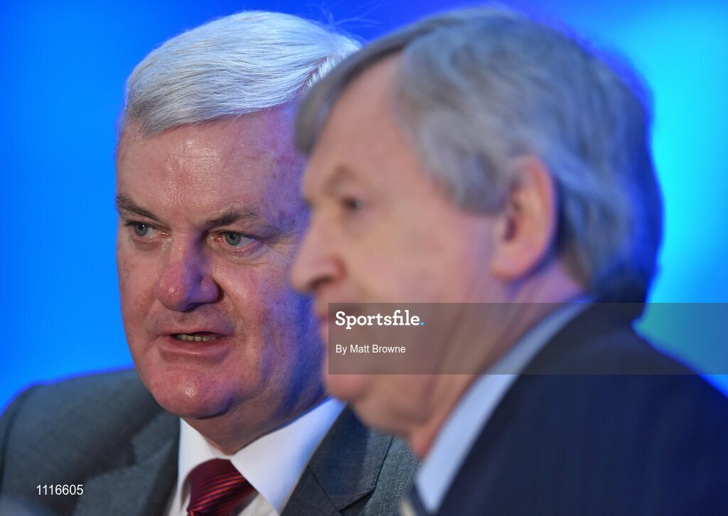 27 February 2016; Uachtarán Chumann Lúthchleas Gael Aogán Ó Fearghail with Ard Stiúrthóir Chumann Lúthchleas Gael Páraic Ó Dufaigh during the GAA Annual Congress. Mount Wolseley Hotel Spa & Golf Resort, Tullow, Carlow. Picture credit: Matt Browne / SPORTSFILE