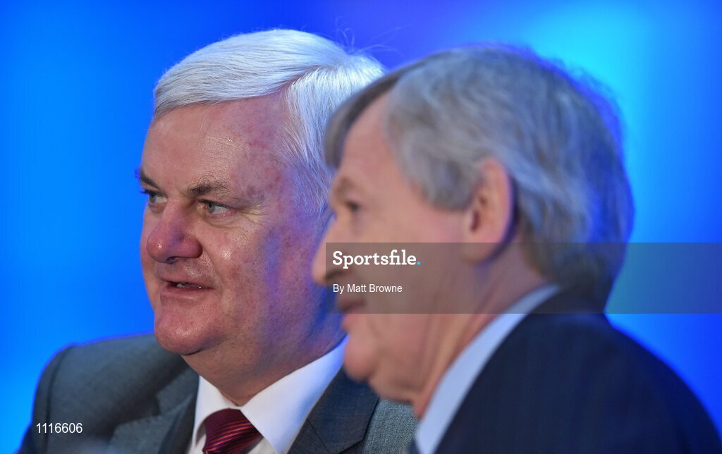 27 February 2016; Uachtarán Chumann Lúthchleas Gael Aogán Ó Fearghail with Ard Stiúrthóir Chumann Lúthchleas Gael Páraic Ó Dufaigh during the GAA Annual Congress. Mount Wolseley Hotel Spa & Golf Resort, Tullow, Carlow. Picture credit: Matt Browne / SPORTSFILE
