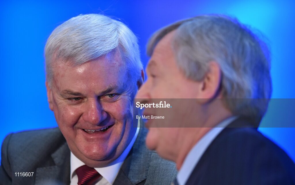 27 February 2016; Uachtarán Chumann Lúthchleas Gael Aogán Ó Fearghail with Ard Stiúrthóir Chumann Lúthchleas Gael Páraic Ó Dufaigh during the GAA Annual Congress. Mount Wolseley Hotel Spa & Golf Resort, Tullow, Carlow. Picture credit: Matt Browne / SPORTSFILE